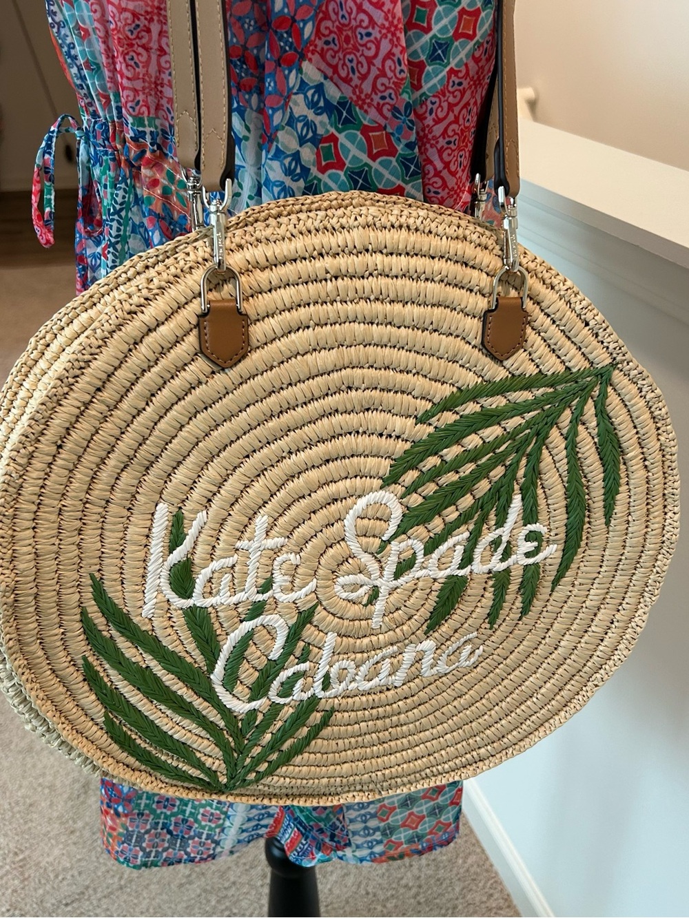 kate spade Natural Straw Round Tote with Green Palm Embroidery and Tan Handles